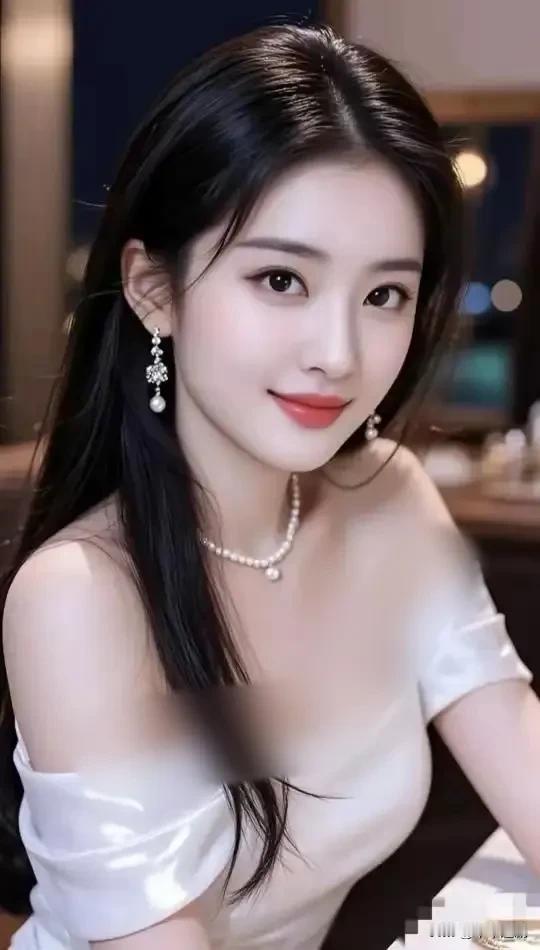 晚风中的珍珠耳坠轻晃，丝缎裙装衬着肩颈线条，笑意漫开时，夜色都温柔了几分。
气质
