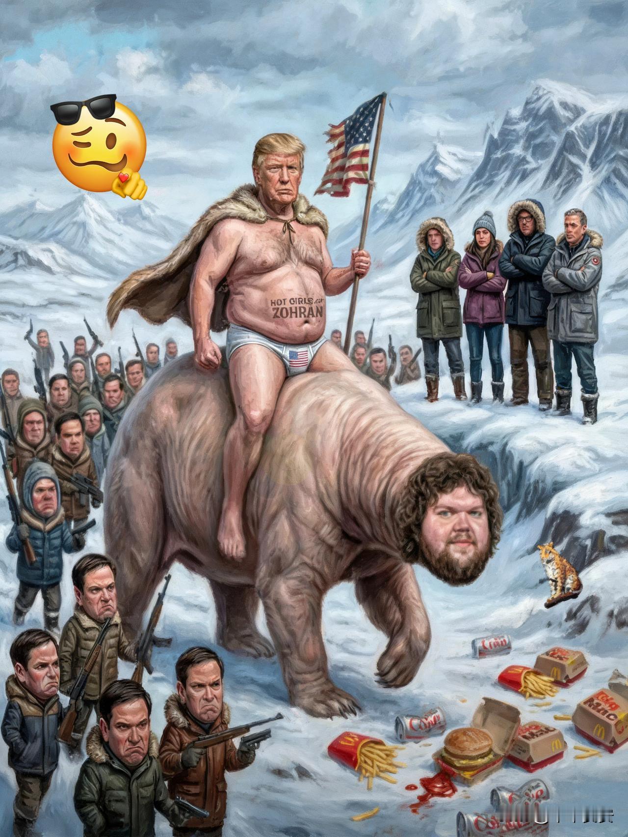 一幅简单的漫画，在外网引发热议。

漫画中，特朗普骑马“回收”格陵兰岛，其讽刺的