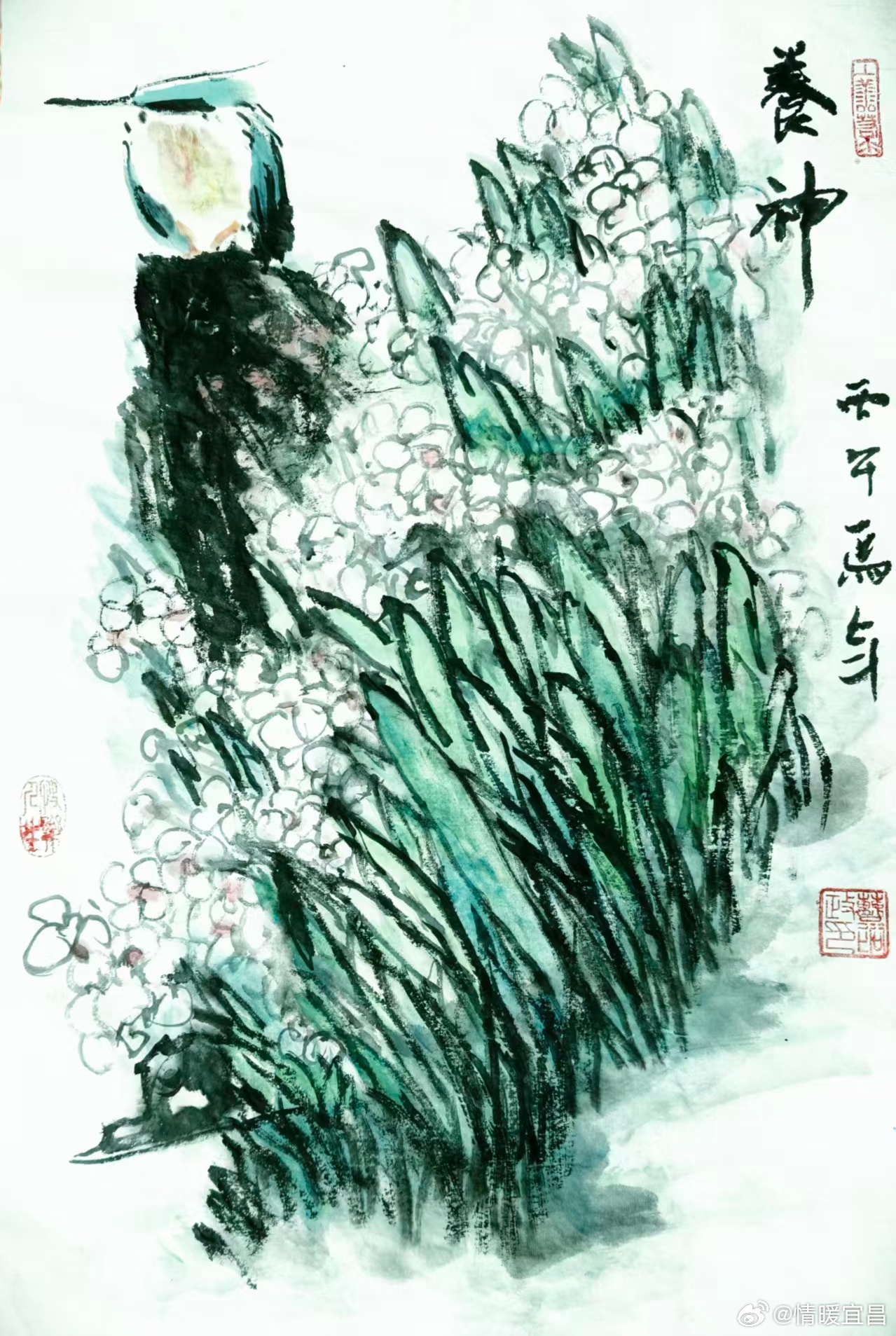 推文 《养神图》翠鸟栖石闭双眸，水香清影自悠悠。静观花下风云色，一缕心光入静秋。