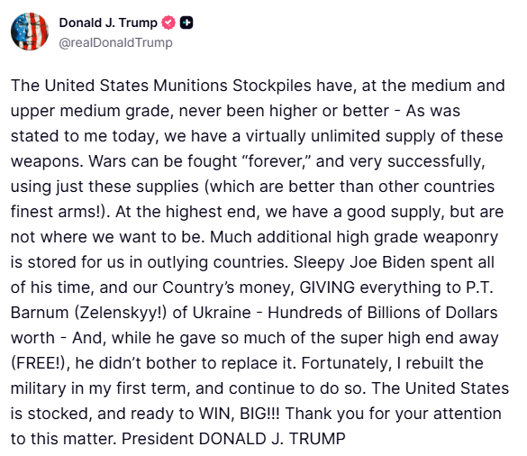【特朗普发文称弹药储备很充足：可以一直打下去，美国将大赢（WIN, BIG!!!