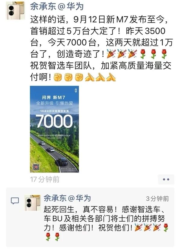 问界新M7起飞了！一个月不到大定已突破5万台，余承东直言“创造奇迹了”、“起死回