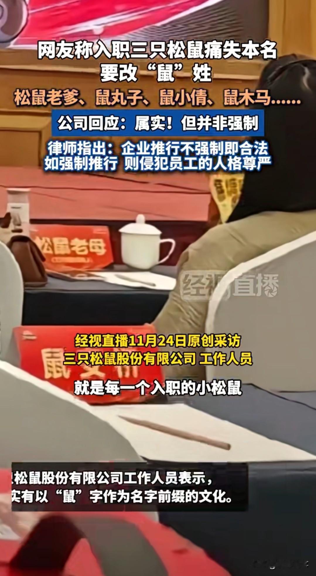 近日，有网络消息称，新加入三只松鼠公司的员工倾向于将个人姓名变更为“鼠某某”的形