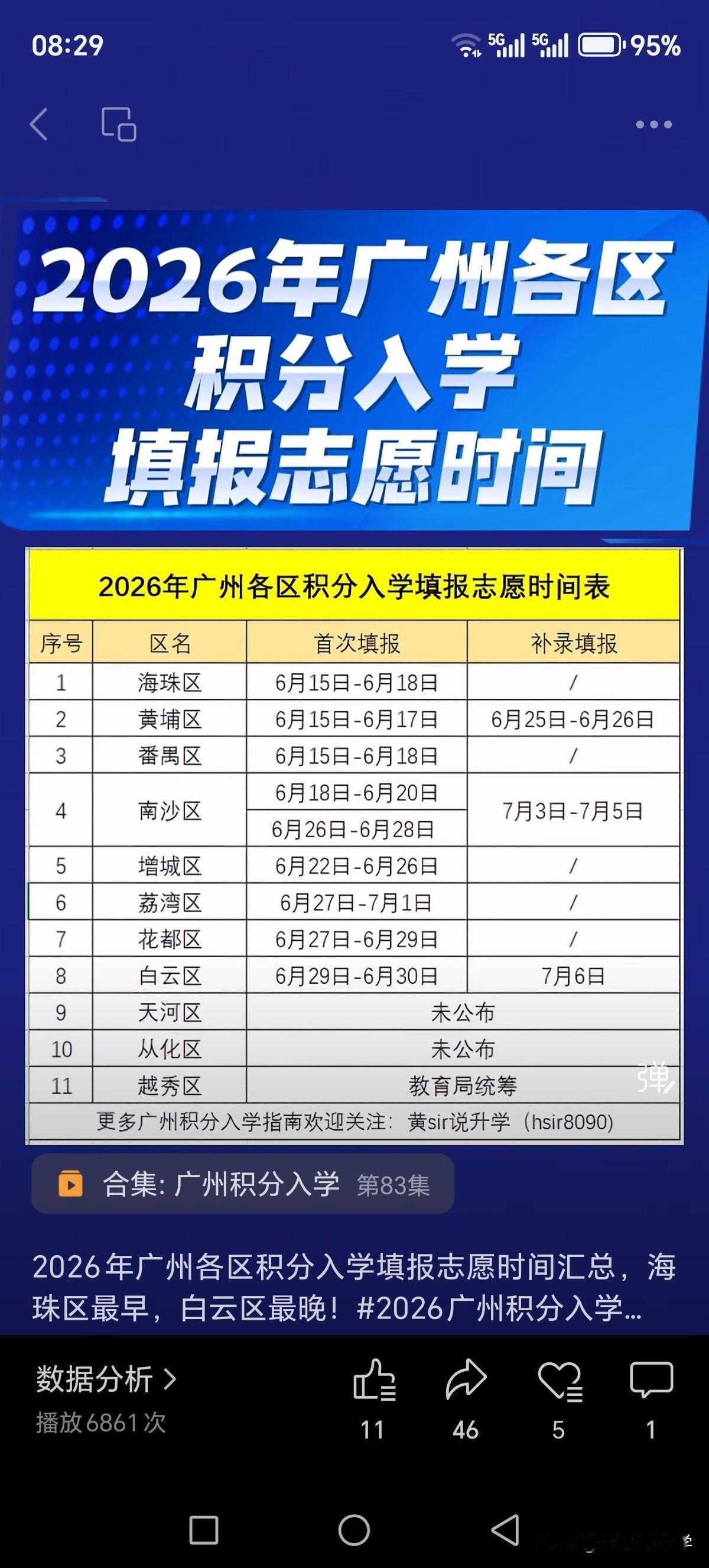 今天是6月15日，广州有3个区今天开始积分入学填报志愿，海珠区，番禺区，黄埔区三