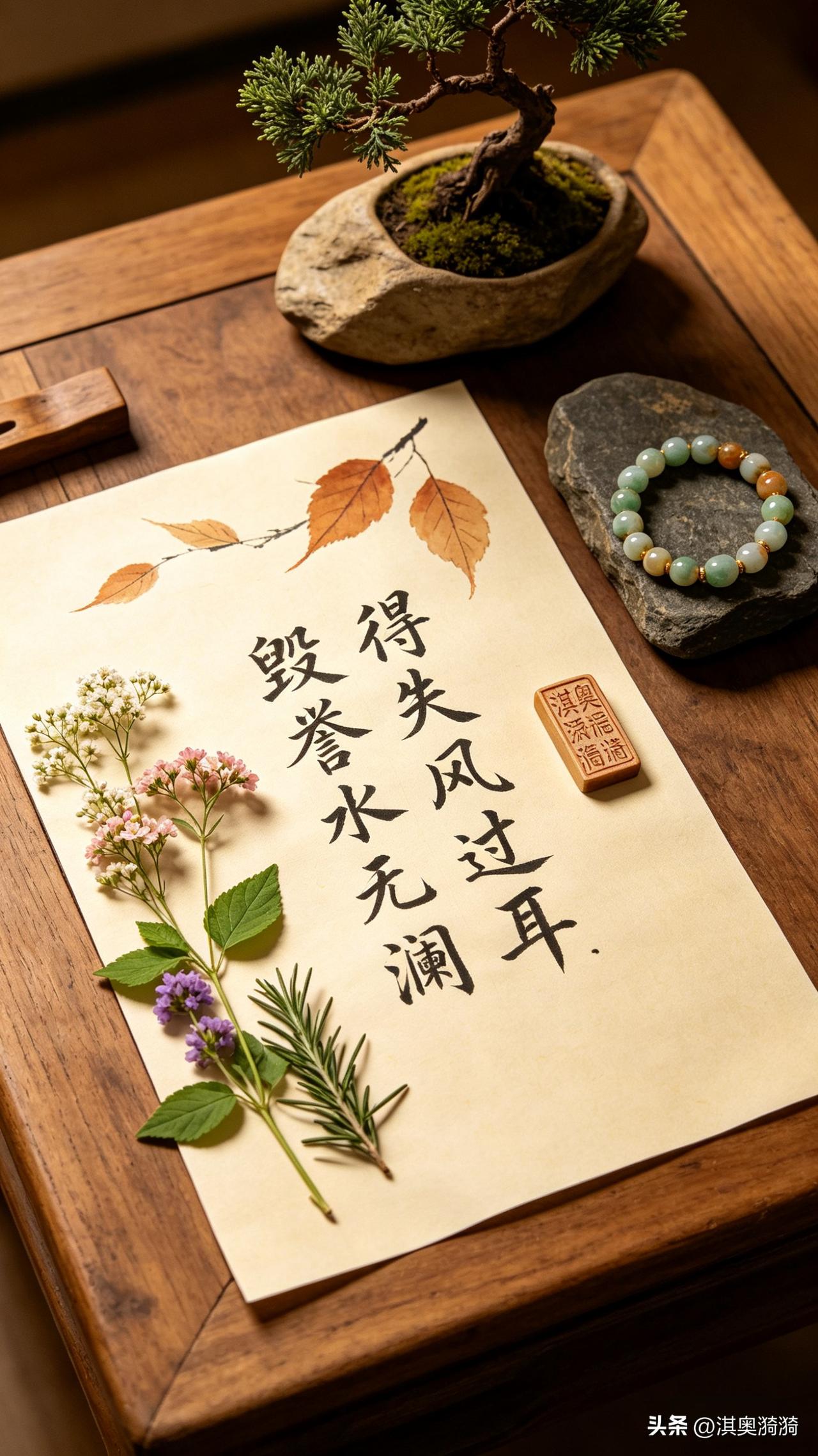 《得失风过耳，毁誉水无澜》

得兮失兮皆过耳，誉兮毁兮水自安。
来亦来兮去亦去，