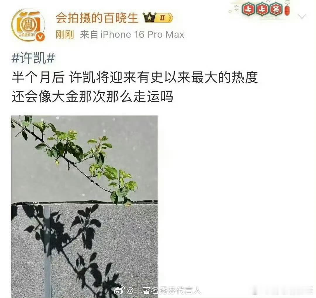 曝许凯将迎来有史以来最大的热度话说这种热度不应该 趁热打铁嘛，还要搞半个月。 ​