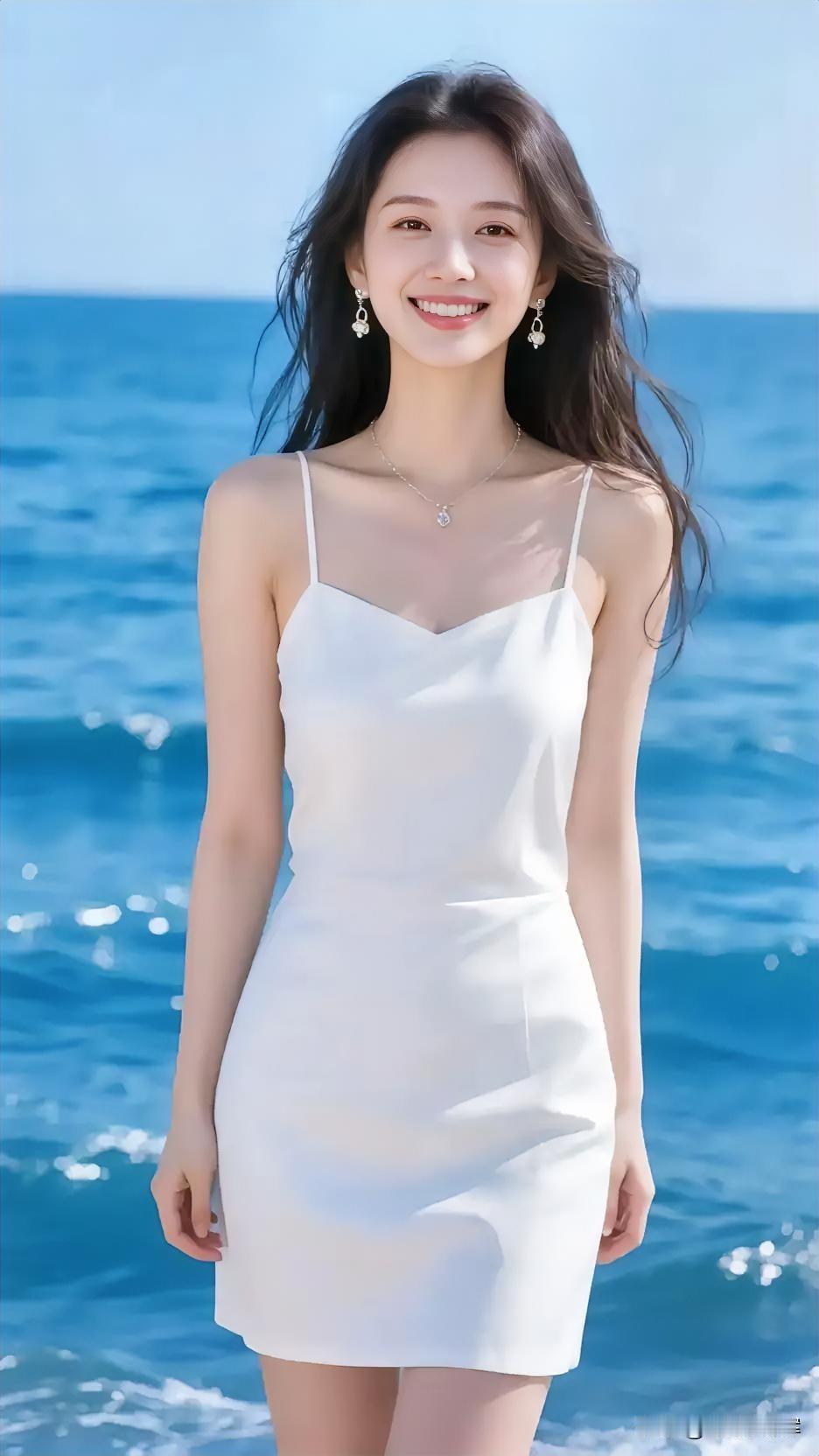 海蓝为幕，她立在浪的留白处。

白裙曳地，如月光揉成的褶皱。

吊带轻拥肩线，露