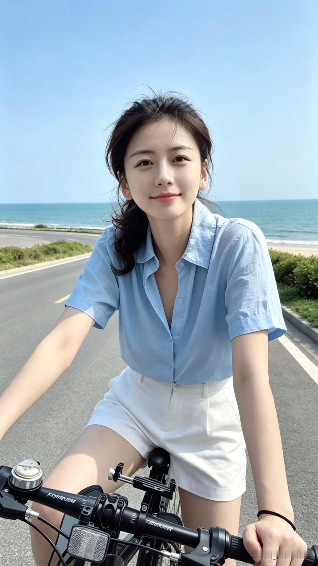 晴朗明净的蓝天之下，滨海公路沿着海岸线向前延伸，一望无际的海面泛着淡淡的蓝光，海