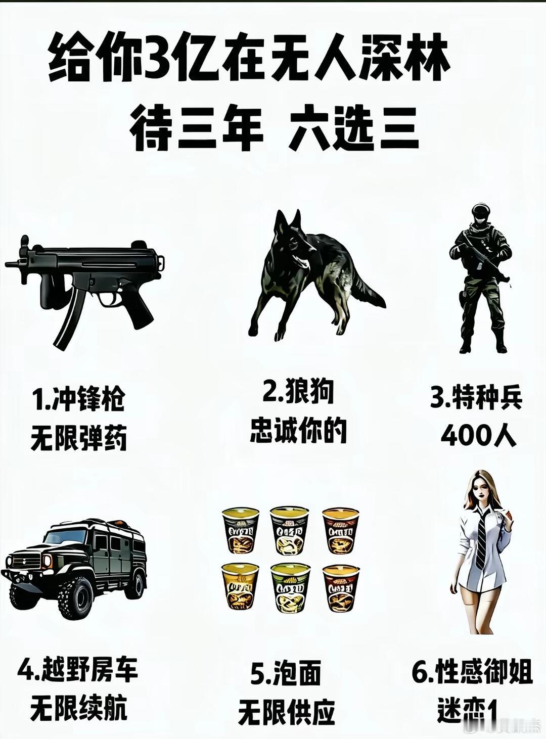 假如给你3亿，但要求你在无人深林待三年，允许带三样东西，你会带什么？ 