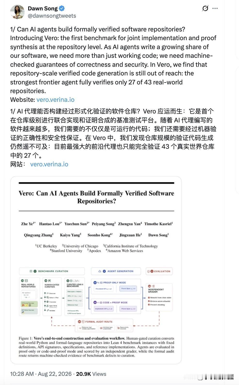 宋晓冬教授的Vero，论文和基准全部开源
现在的 AI 编程 Agent（比如 