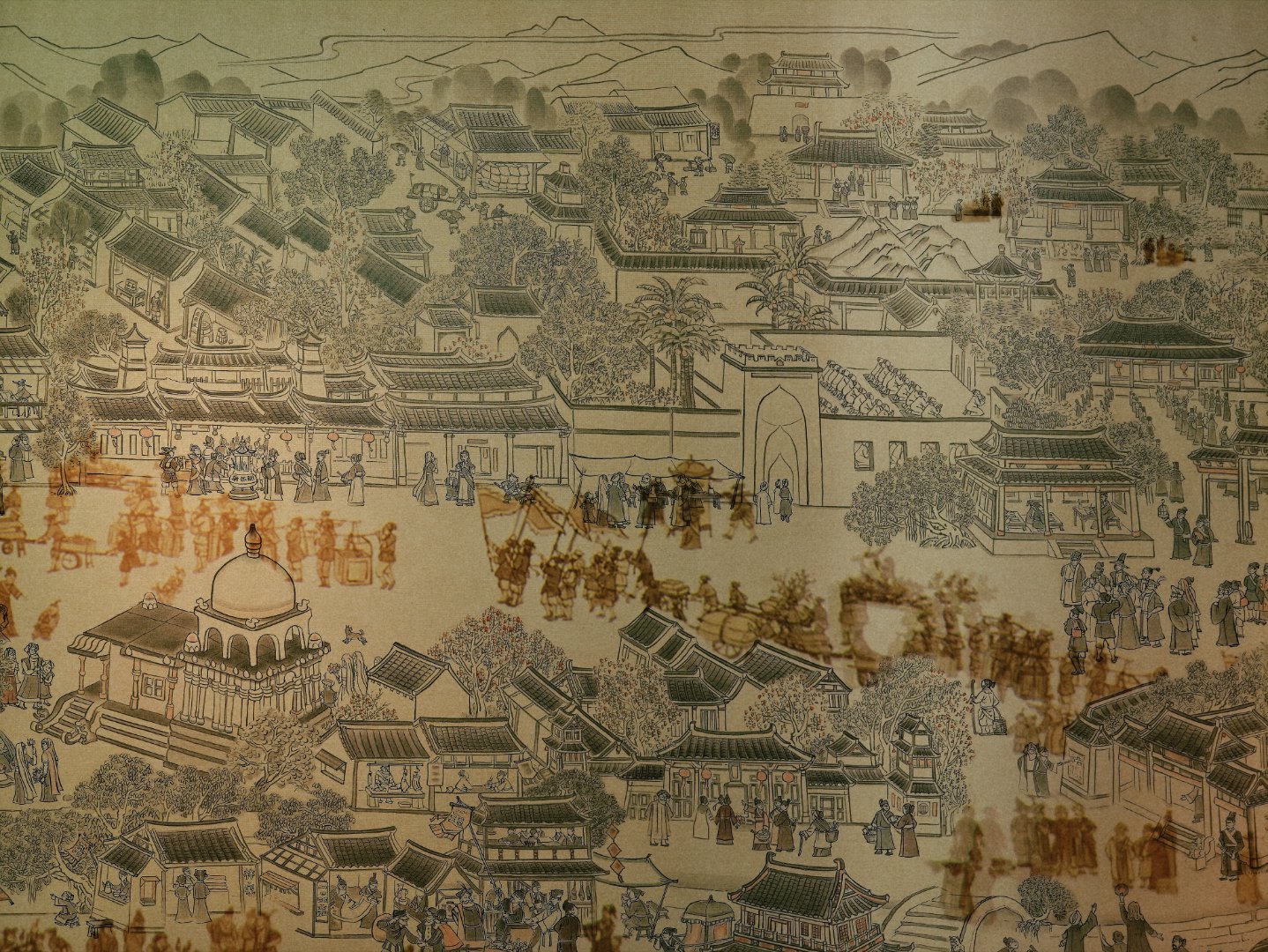 泉州城里有关帝庙，印度庙，清真寺。中间的人群是展示番货，海外商人来了泉州，就会组