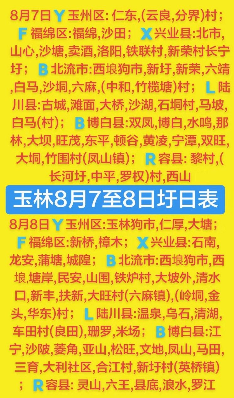 8.7-8 玉林乡镇赶集时间表玉林圩日         玉林