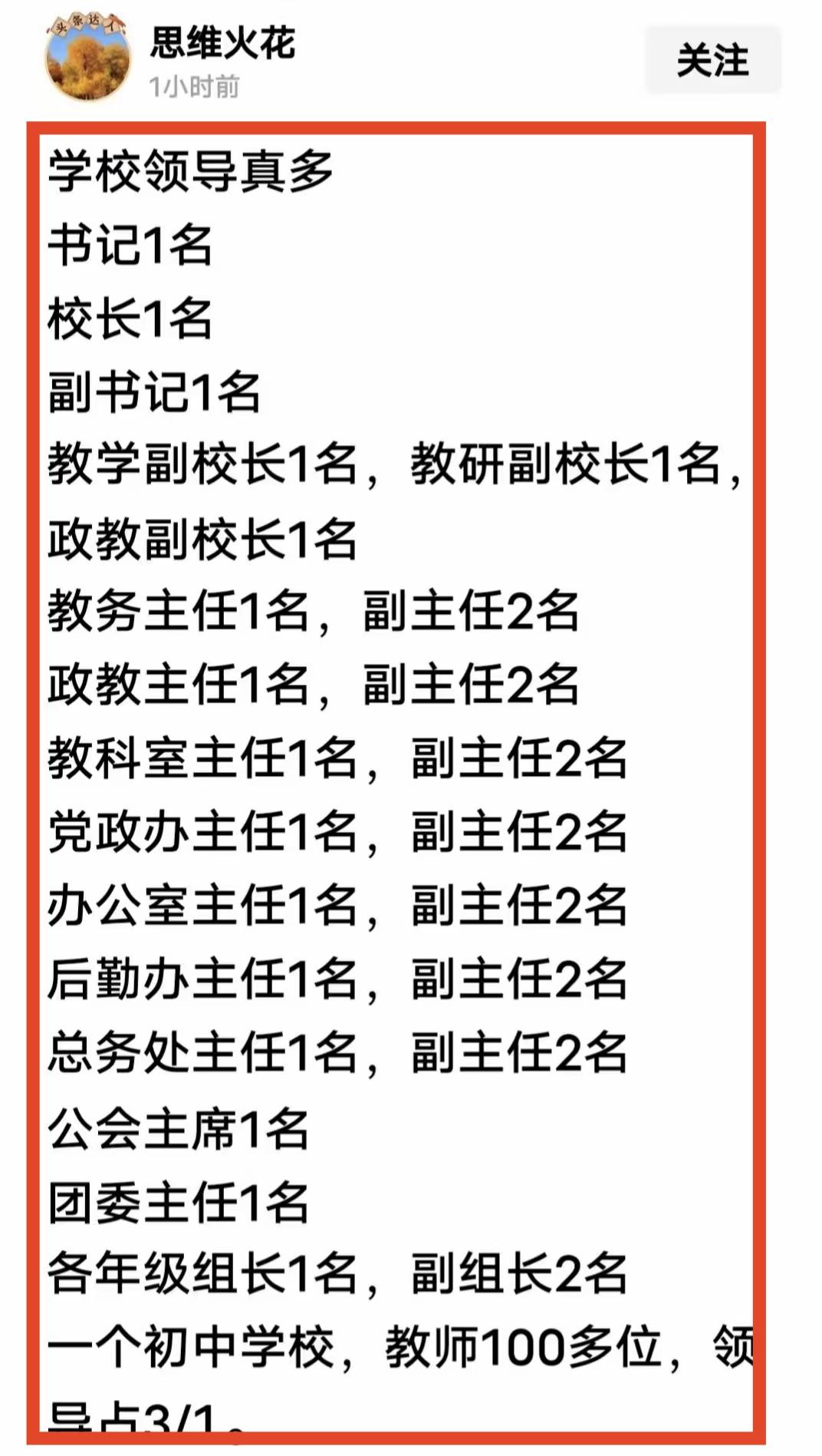网上流传的一张初中学校的行政设置，但细细一看，我觉得这张表不是真的。首先里面错别