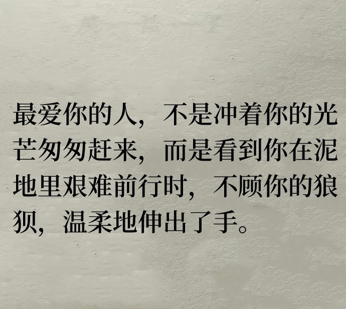 最近喜欢的一句话：最爱你的人，不是冲着你的光芒匆匆赶来，而是看到你在泥地里艰难前