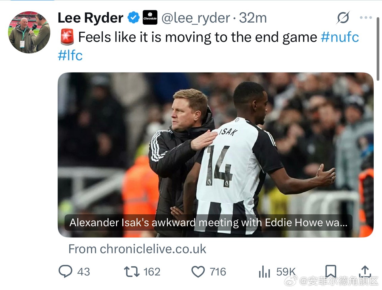 打脸我高塔双飞哥纽卡另一名跟队Lee Ryder转发了自己的文章，并配文“感觉这