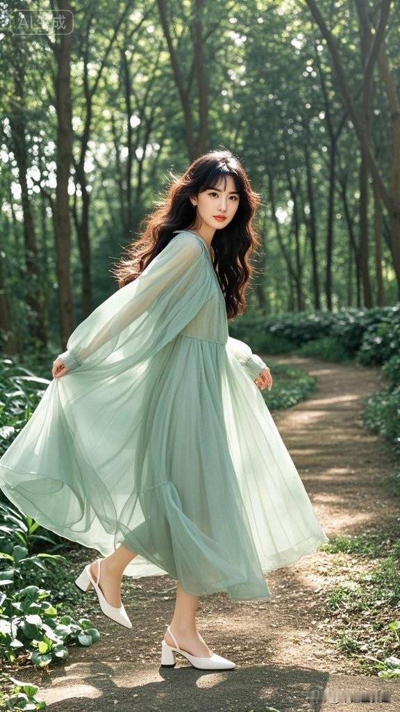 森林中的优雅绿裙仙子，自然与时尚的完美结合。