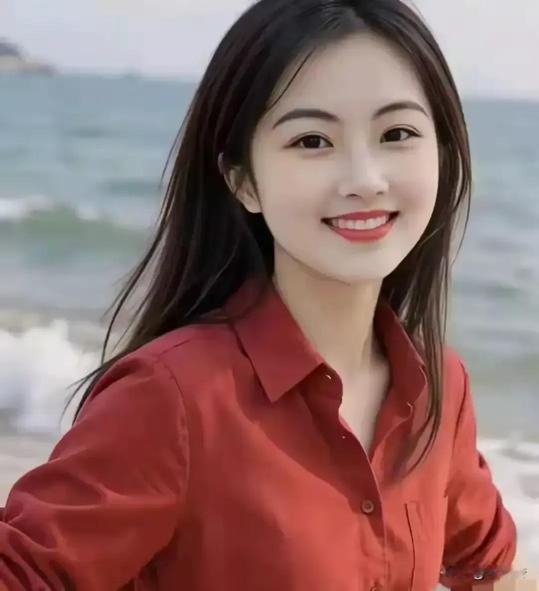 海边甜美少女，笑靥如花，红衣飘逸海边活力少女 海边度假少女 海边花海少女 海边白