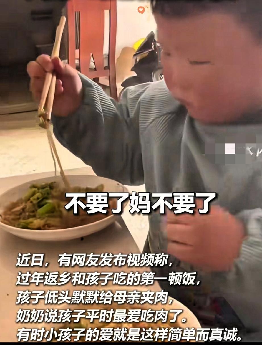 4岁儿子把碗里的肉全夹给妈妈，这一幕看哭多少打工人父母。
 
年轻妈妈在外打工一
