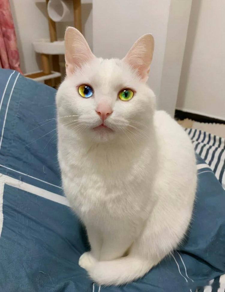 【 罕见的双色瞳猫咪 】有时候我们会看到异色瞳的猫咪，也就是二只眼睛的颜色不一样