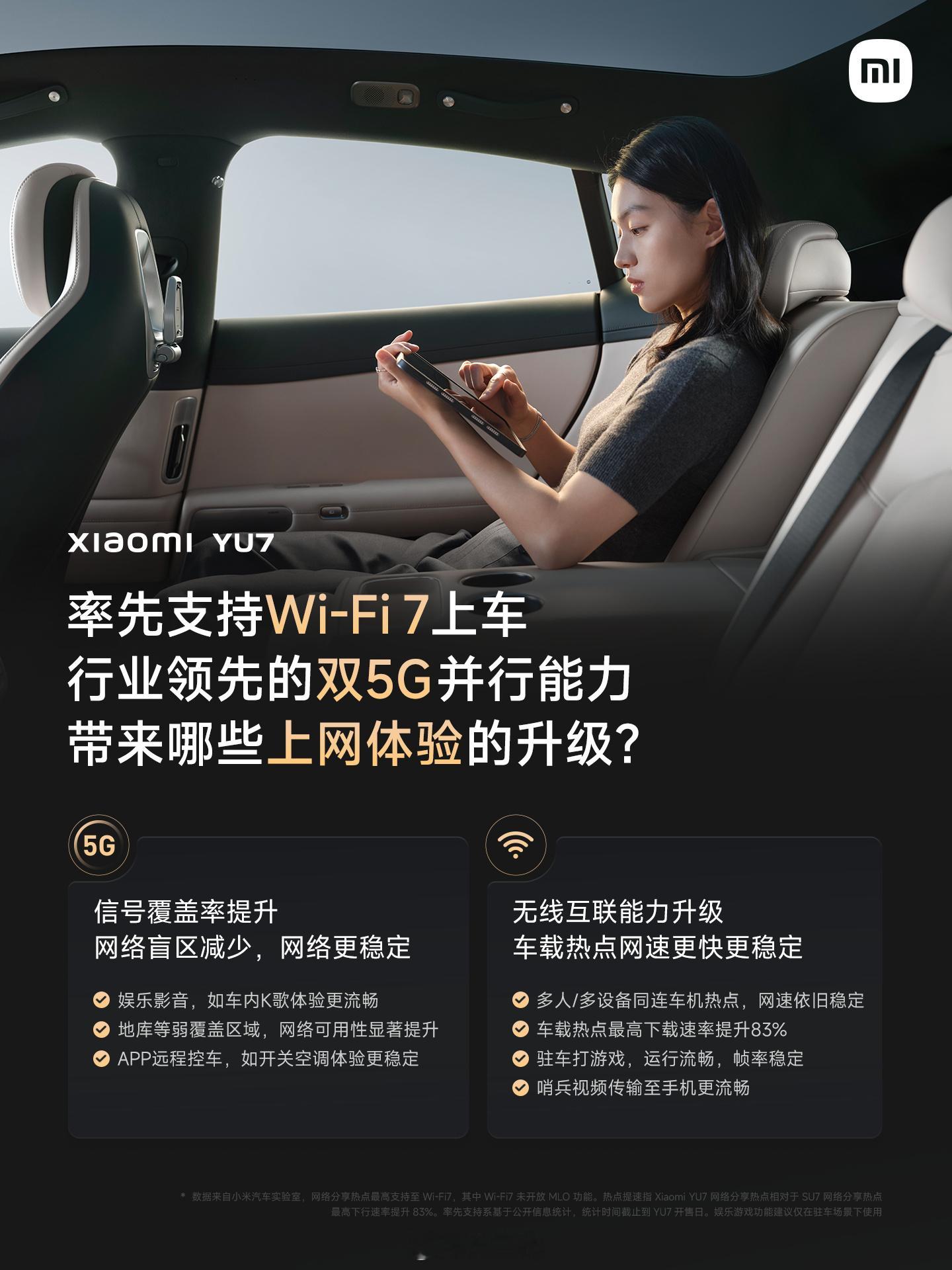 车载的Wi-Fi用得比我家里的都好了，YU7是目前唯一提供车载Wi-Fi 7热点