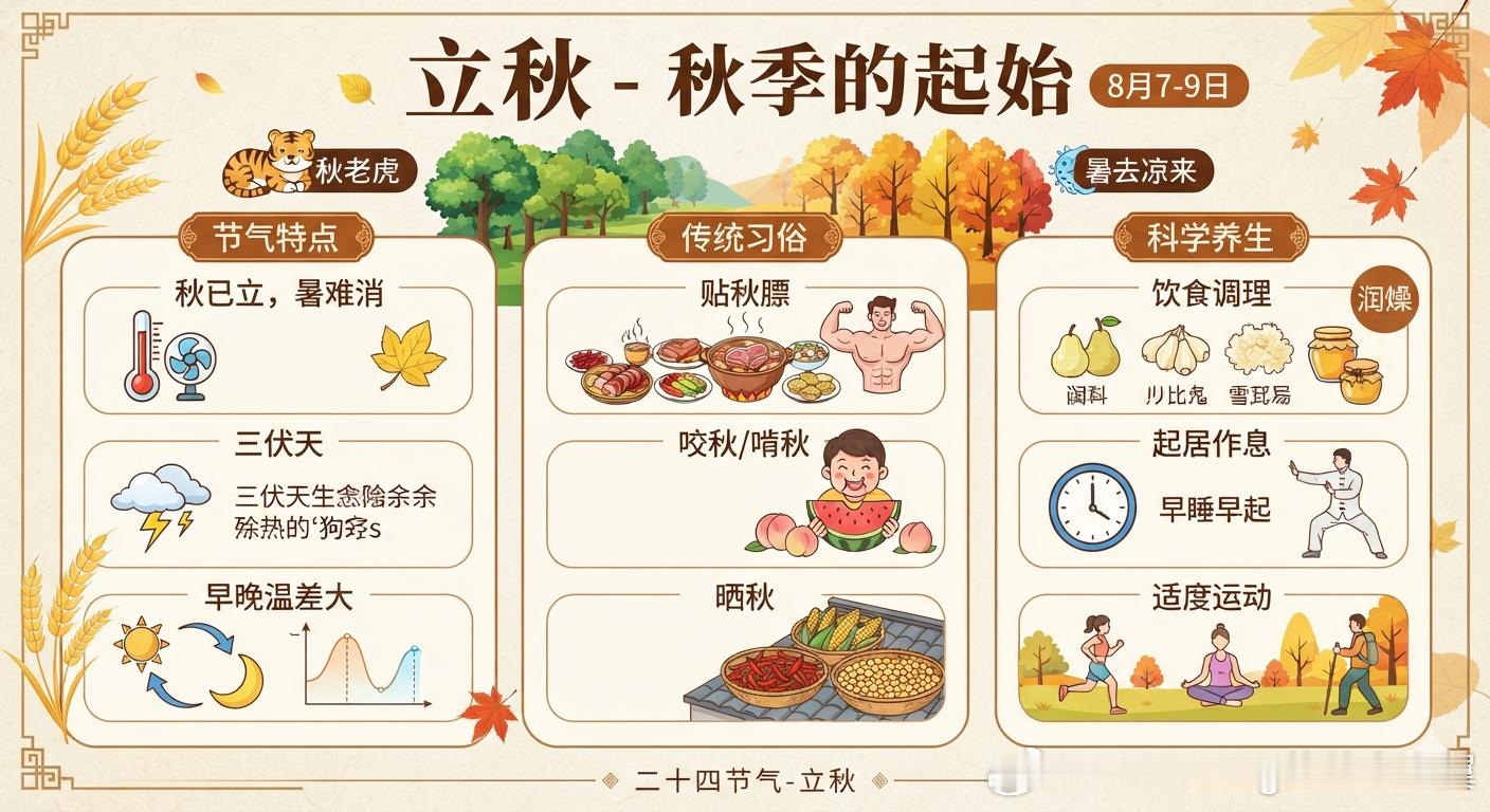 立秋 今日立秋。立秋是二十四节气中的第13个节气，也是秋季的起始。它通常在每年的