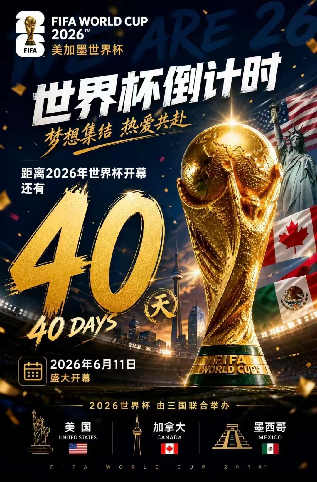 此处将会自动播放音乐！2026美加墨世界杯最后倒计时40天！本届世界杯将会是最轰