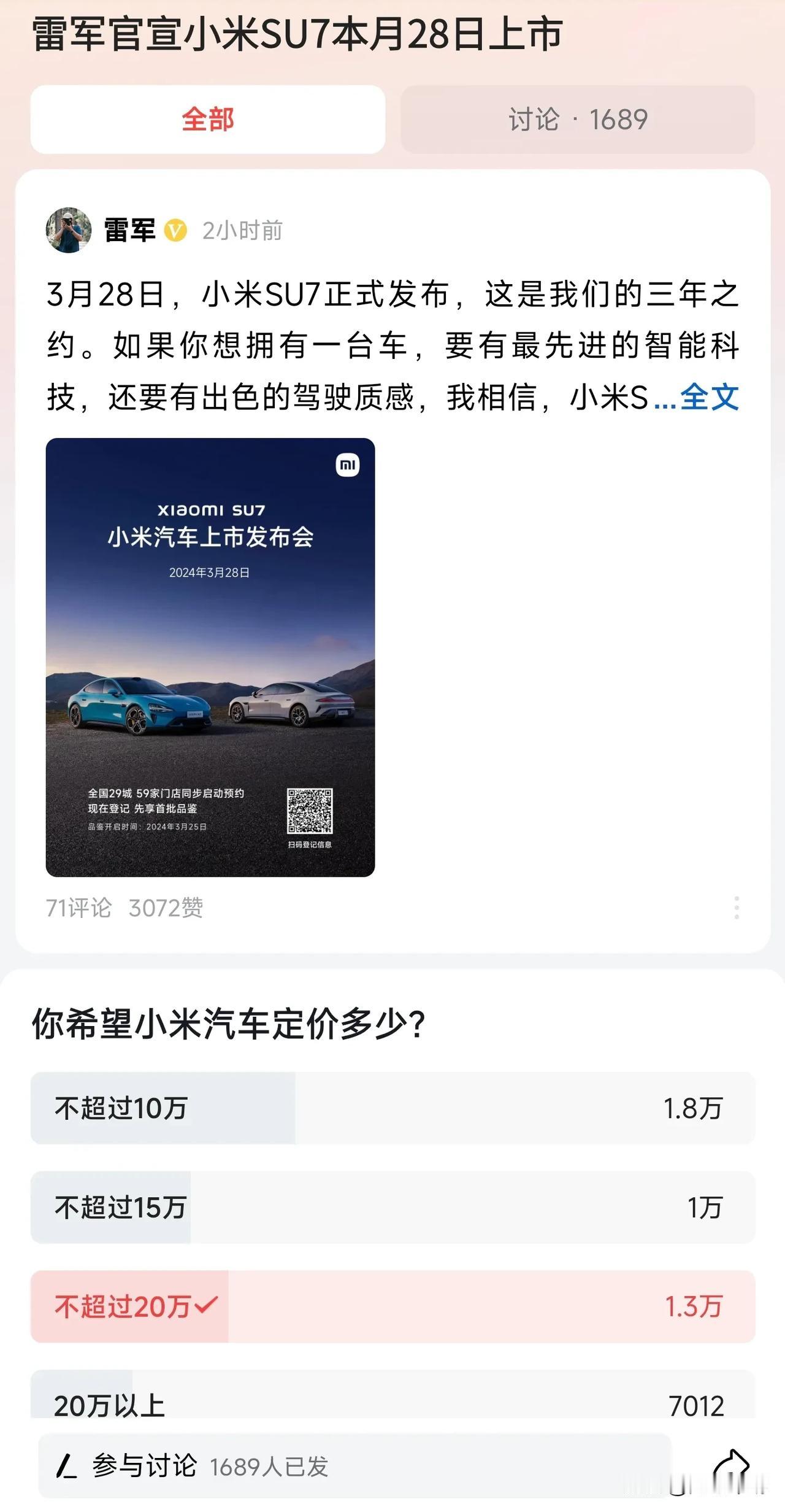 雷军宣布小米汽车上市时间，但是这个投票太有意思了，1.8万人投了不超过10万占比