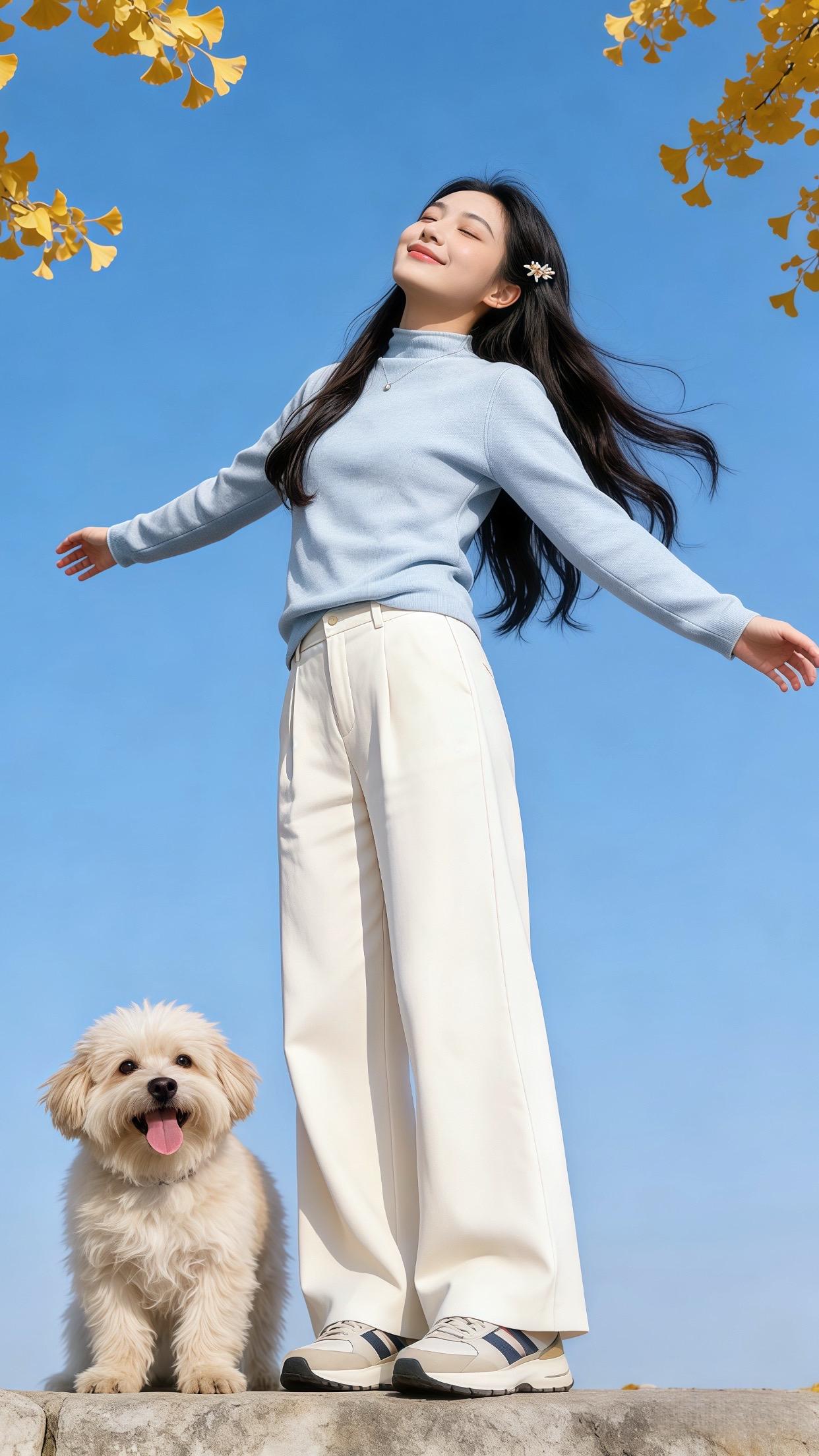 浅蓝高领打底衫➕奶白阔腿裤的搭配，清清爽爽的感觉像是把蓝天穿在身上，温...