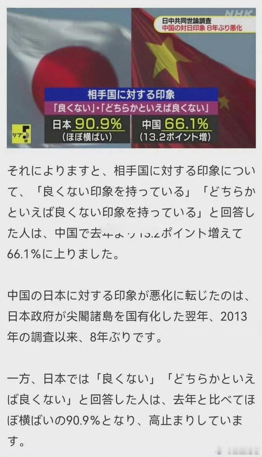 根据民调，日本讨厌中国的人已经超过了90%，中国讨厌日本的居然只有66%，为什么