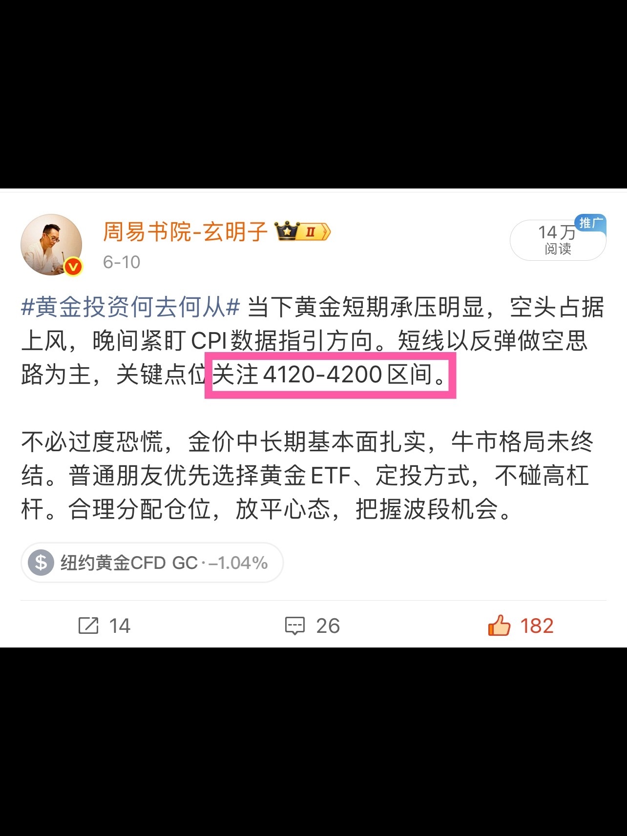 黄金收复4200美元  如我前天预判。 