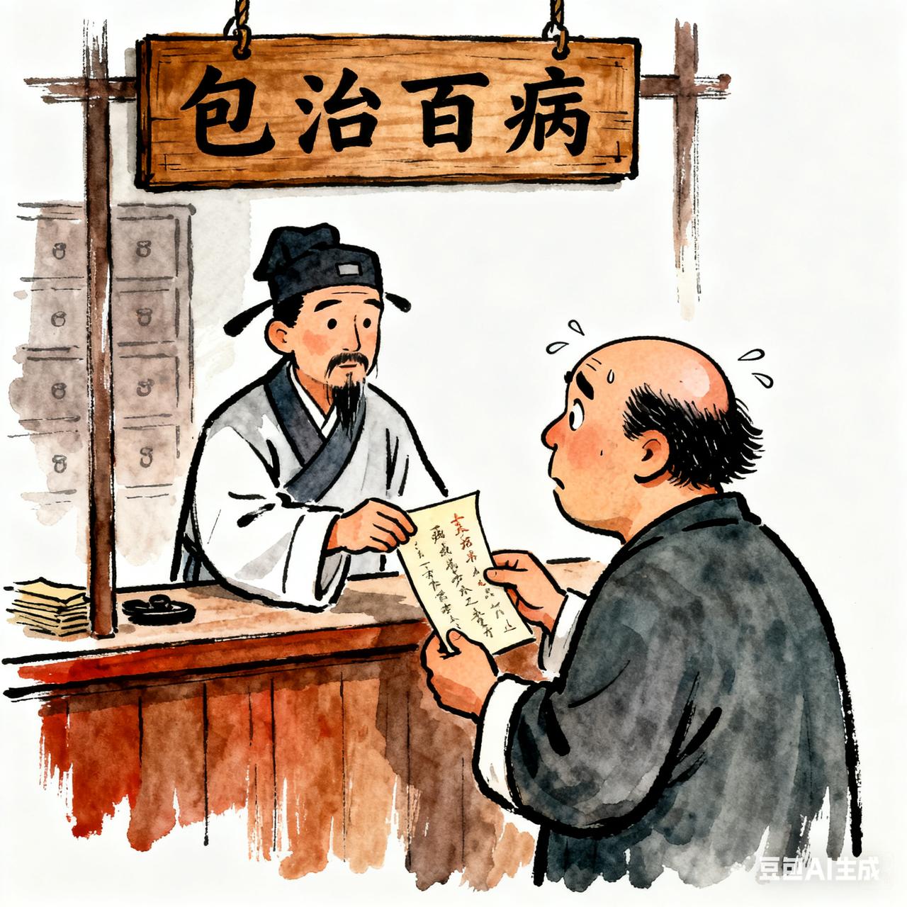 古代笑话

有个郎中自诩医术高明，挂着“包治百病”的招牌，却总爱给人开些稀奇古怪