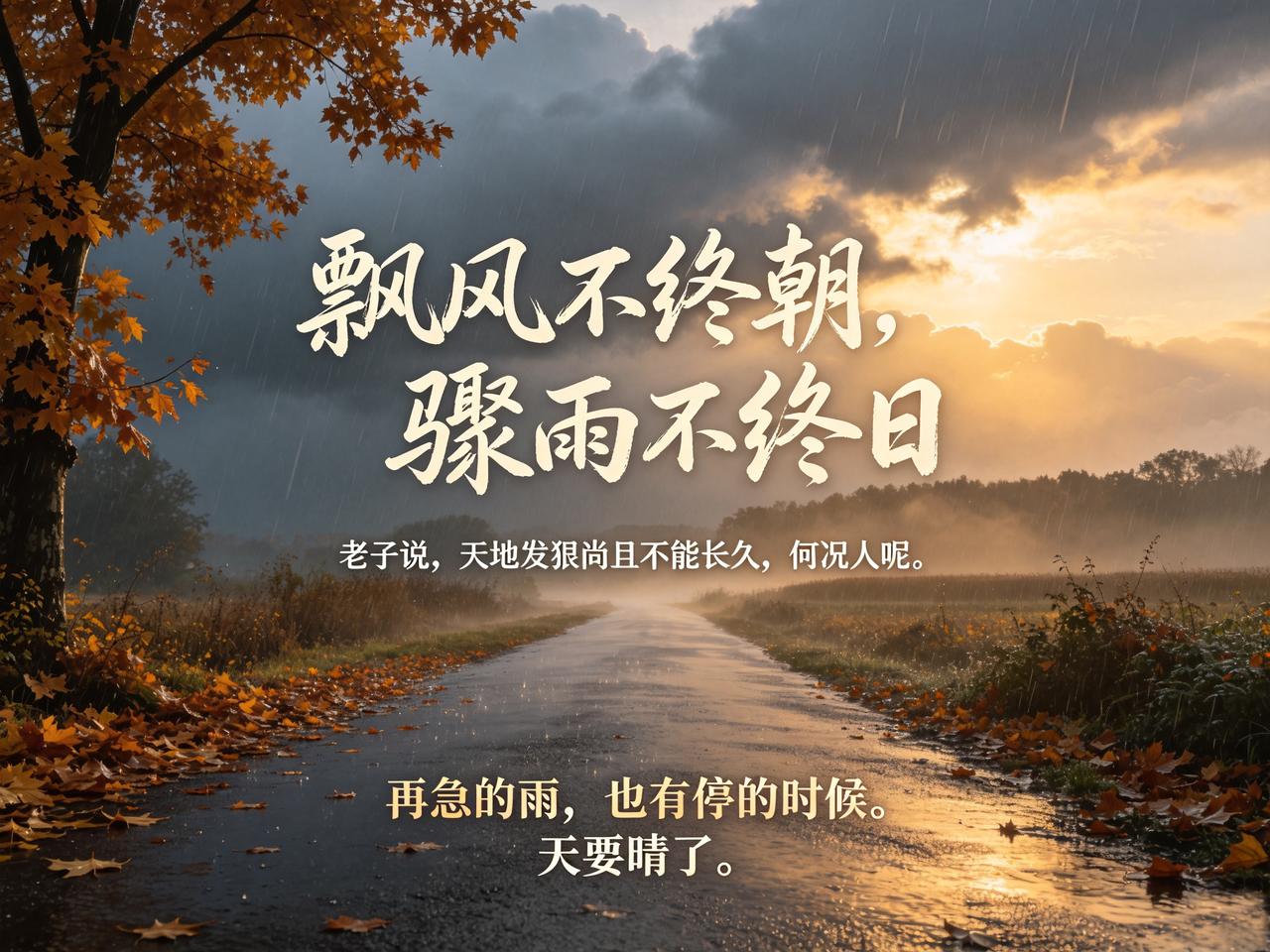 有的地方连着下了几天雨，送您一句《道德经》：飘风不终朝，骤雨不终日。
狂风刮不满