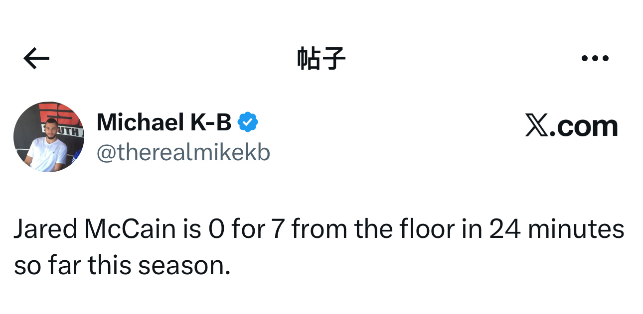 仍未找到状态！本赛季至今，76人队后卫贾里德·麦凯恩出场24分钟，7投0中！[揣
