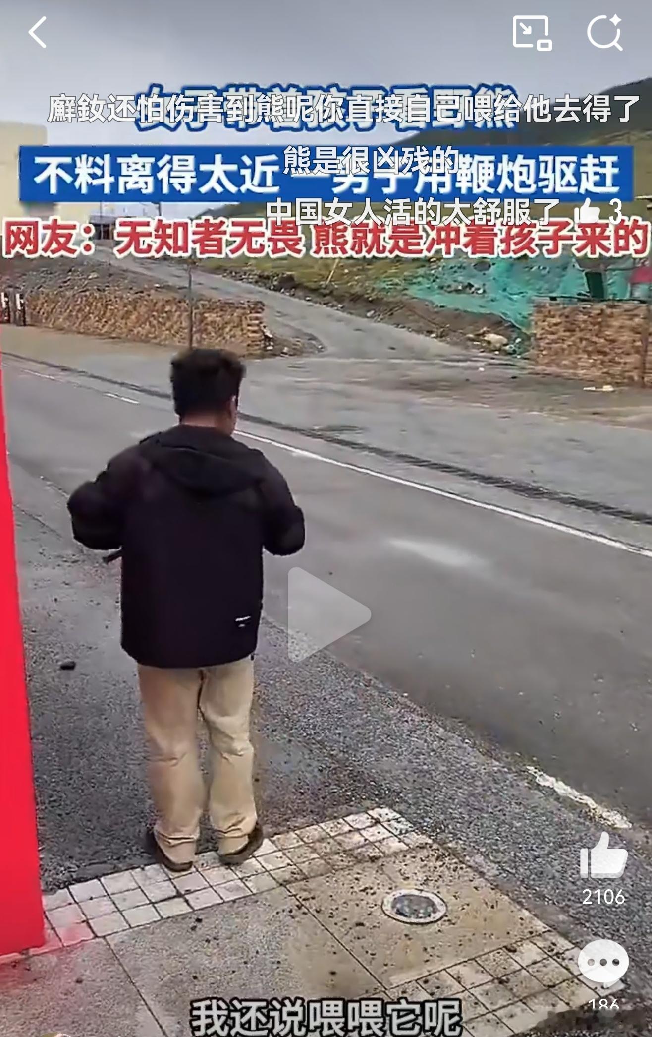 听了别笑一女子带自己的孩子看野熊结果野熊和人靠太近了一男子拿鞭炮驱赶野熊女子说别