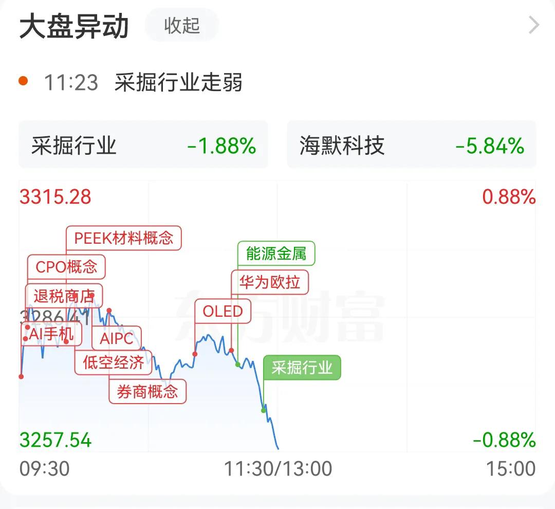 早盘的冲高回落直接被能源金属，采掘带崩，出现早盘尾盘大跳水，下午的开盘还有一个尾