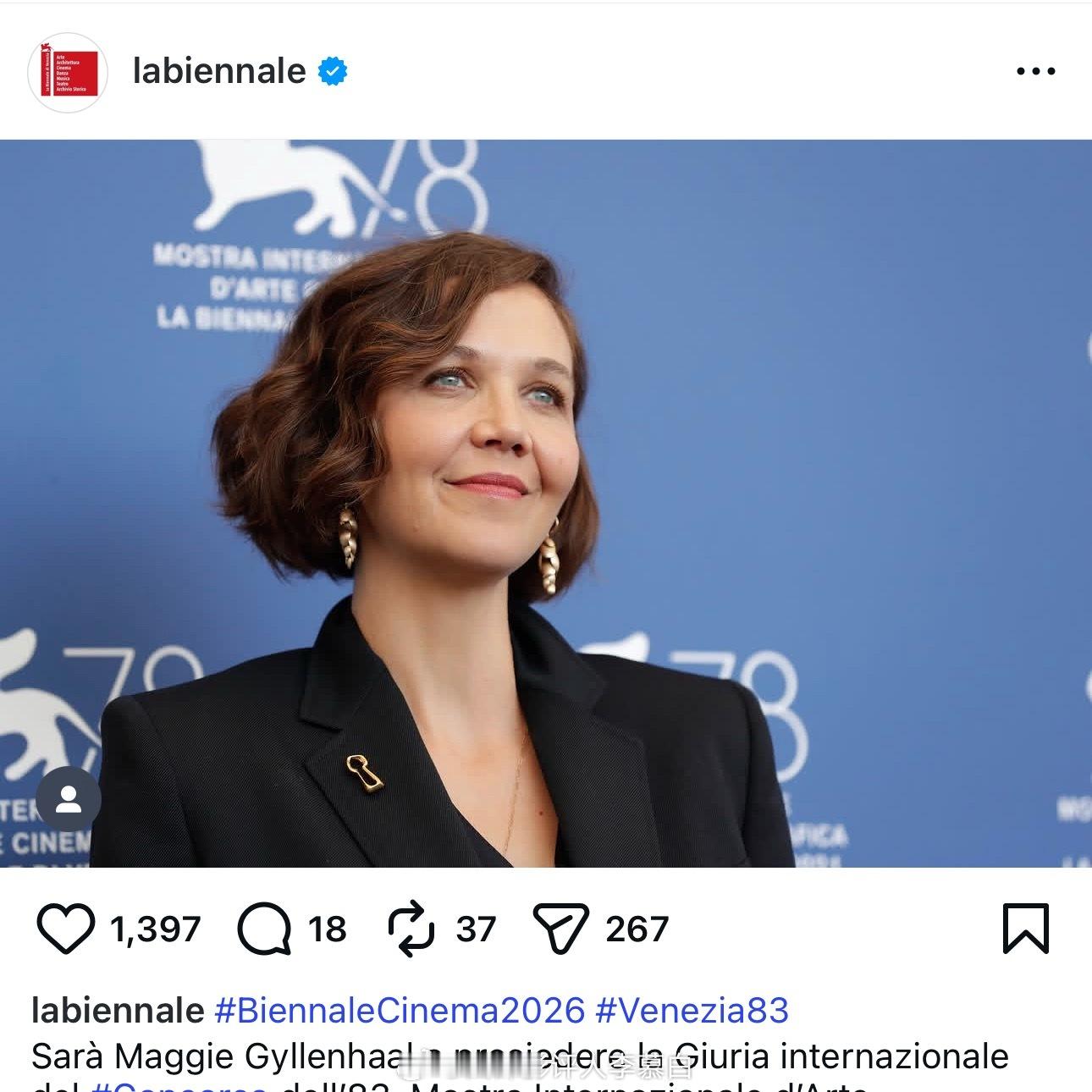 威尼斯电影节 威尼斯电影节宣布🇺🇸导演、演员玛吉·吉伦哈尔将担任今年的主竞赛