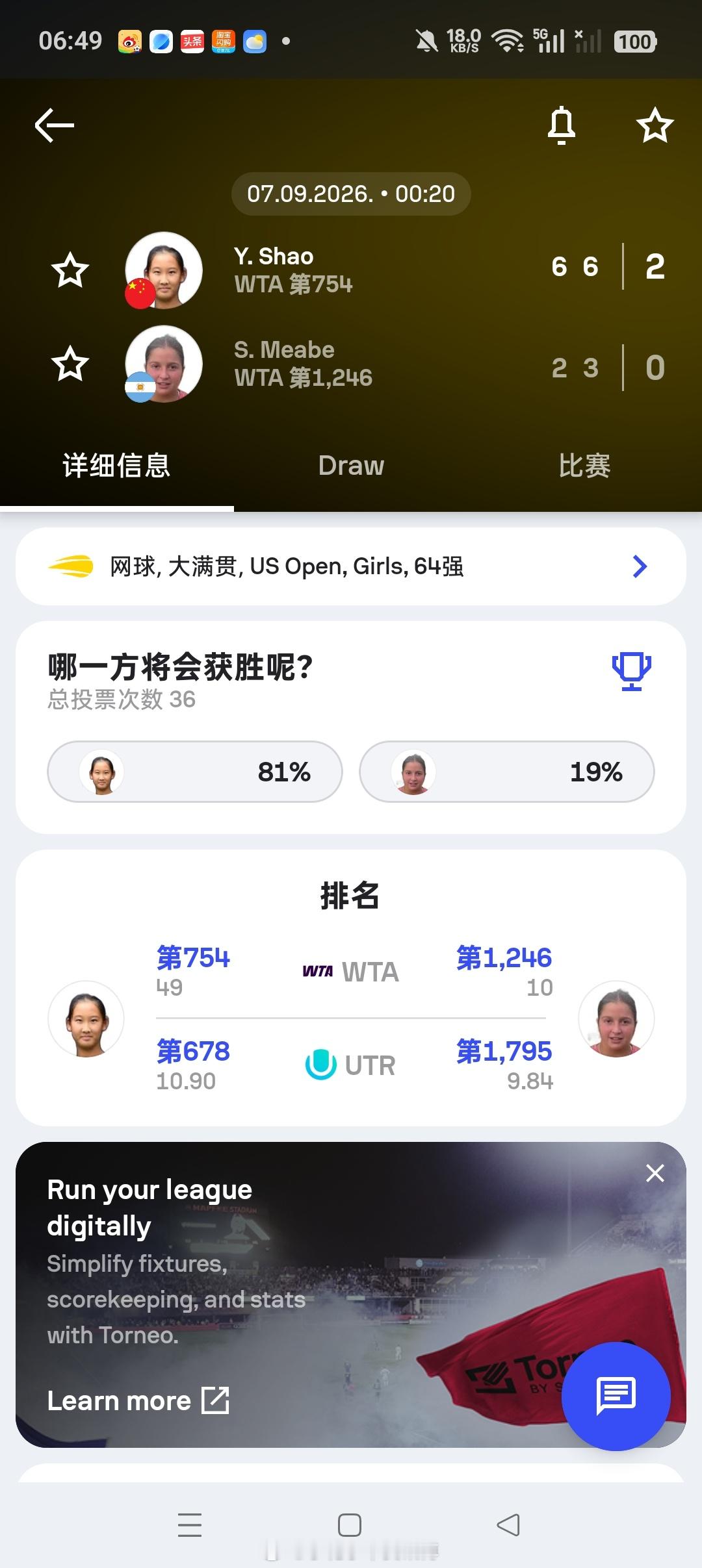 小花小草资讯[超话]wta[超话]【美网2026】 青少年女单首轮🇨🇳邵羽杉