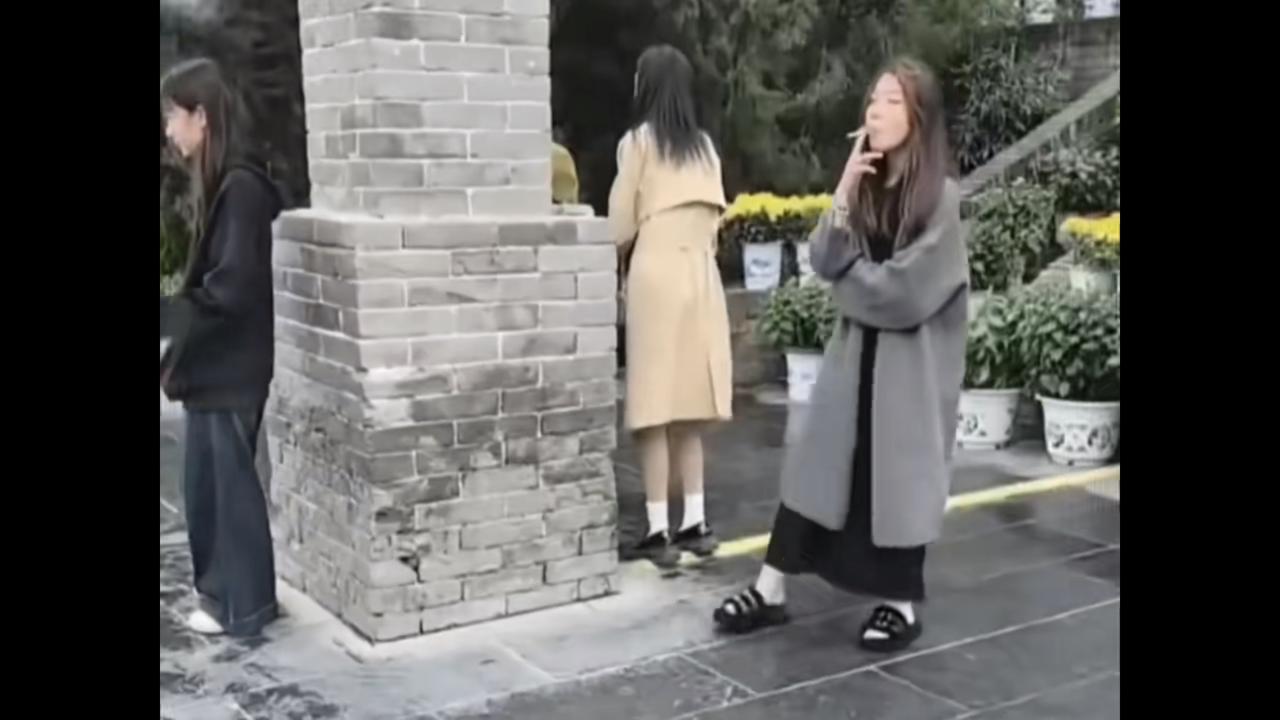 路边的公园里，年轻女孩在扎堆抽烟，
这些女孩看着也不像精神小妹呀，但是抽起烟来，