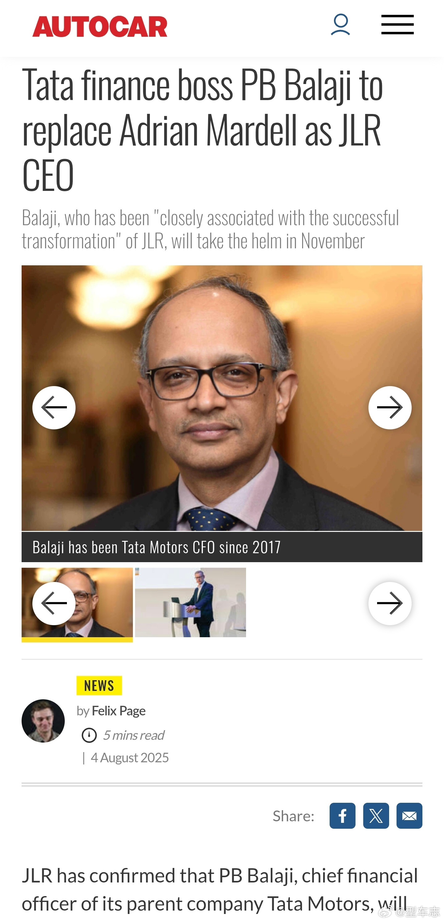 捷豹路虎宣布，Tata集团首席财务官（CFO）PB Balaji将接替“突然退休