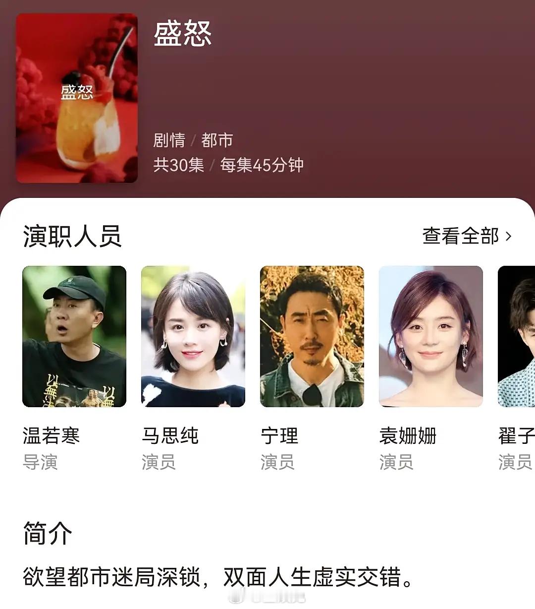 都市剧《盛怒》开机导演：温若寒编剧：李熹微领衔主演：马思纯、宁理、袁姗姗、翟子路