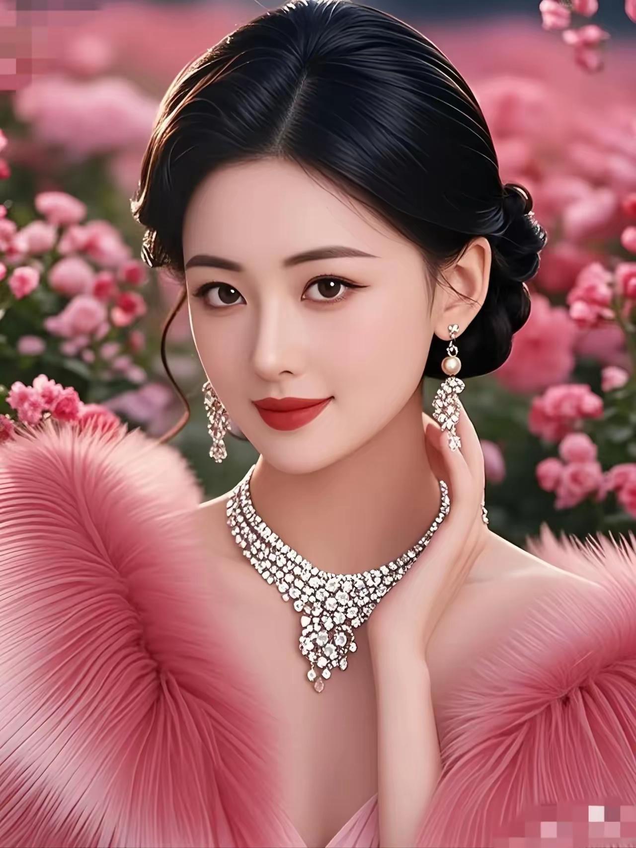 优雅黑发美人，粉色花海中的梦幻时刻