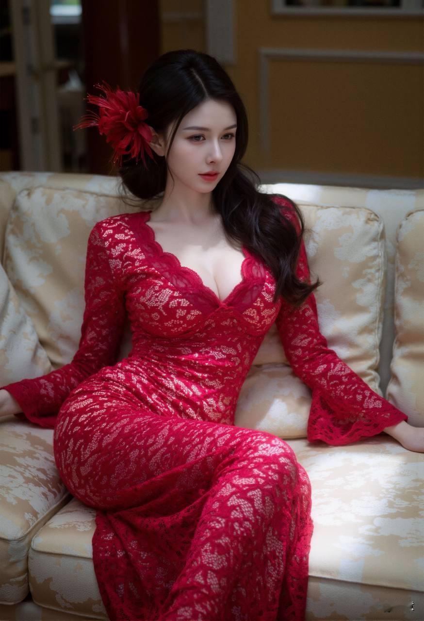 谁说古典不能撩人？看她红裙曳地、手捧香茗，那一低头的温柔，藏着多少看不透的秘密？