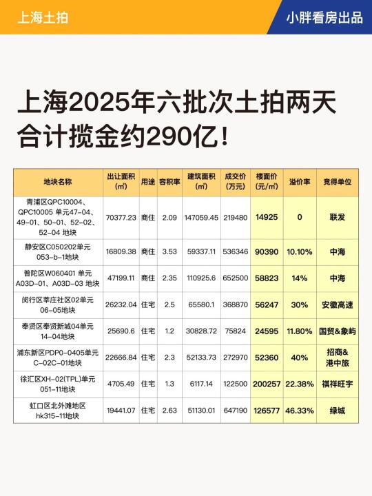 上海2025年六批次土拍，两天合计揽金290亿！