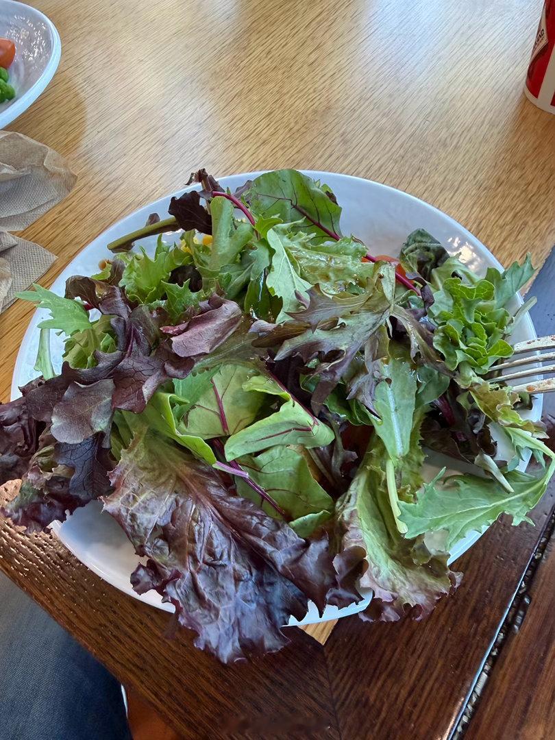 自助沙拉，怒嚼两盘。以身作则带动女儿吃了图三的一点蔬菜。伊宝边吃边说，快发给我妈