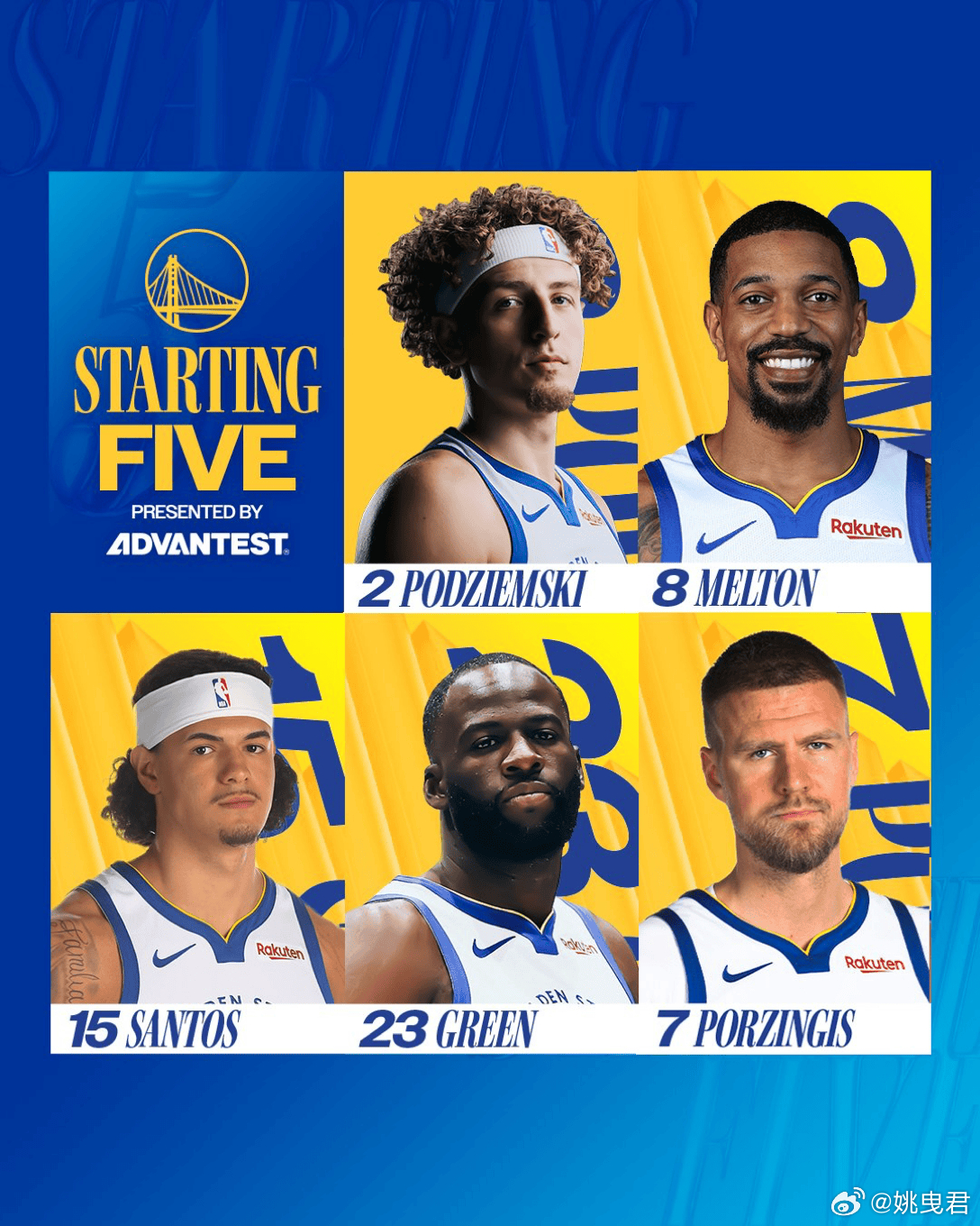 梅尔顿、波津与桑托斯回归，勇士首发：波杰姆斯基、梅尔顿、桑托斯、追梦、波尔津吉斯
