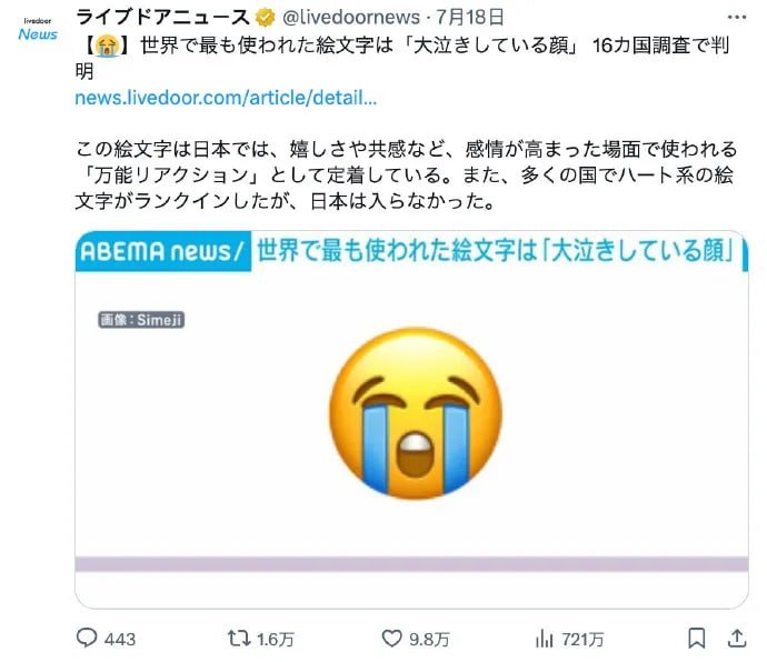 通过一项对16国的调查，全球使用频率最高的表情是 😭😭😭 ​​​