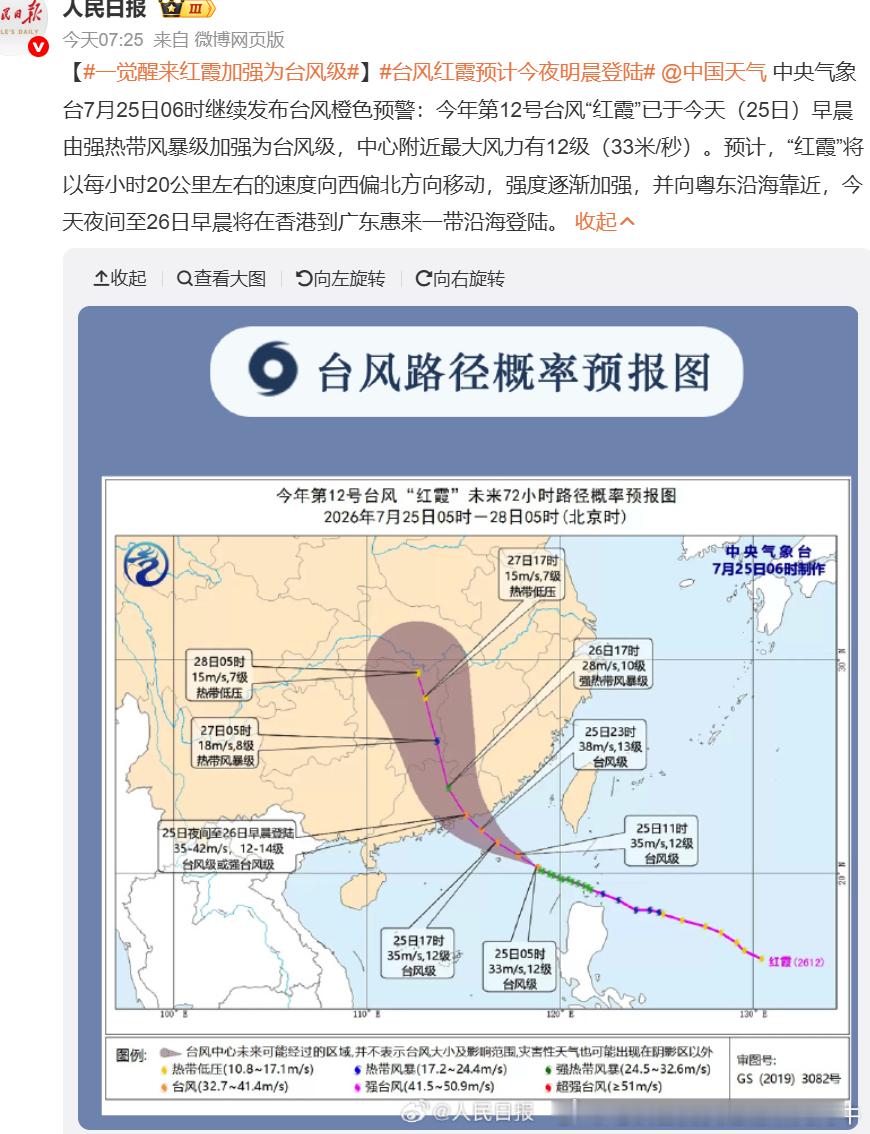 【红霞加强为台风级】台风红霞预计今夜明晨登陆  今日6时发布的最新台风橙色预警：