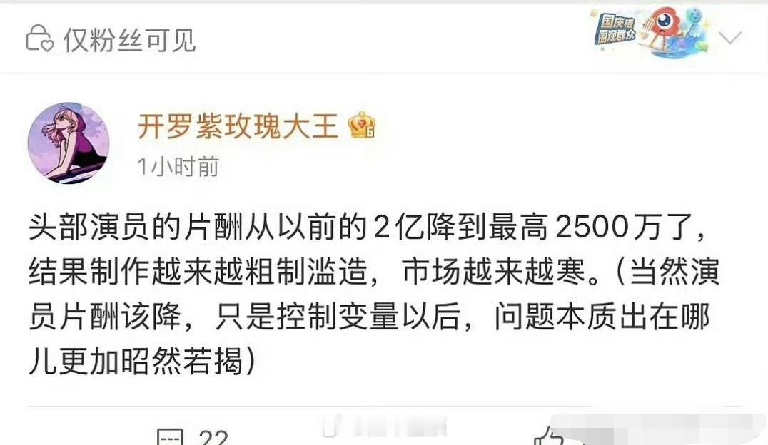 曝演员片酬从2亿降到最高2500万 有网友爆料头部演员片酬从2亿降到最高2500