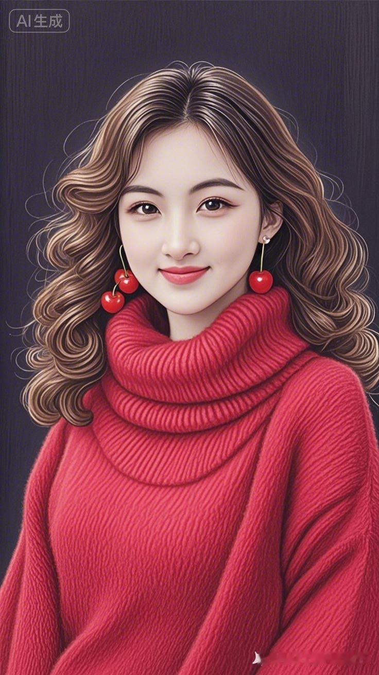 冬日暖阳下的甜美少女，红衣与樱桃耳环相映成趣，温暖又可爱！🌞💕