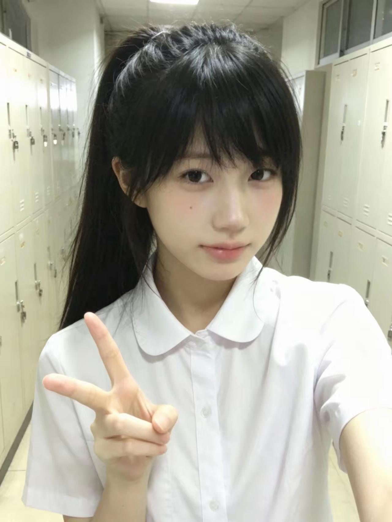 元气少女在校园里比出胜利手势，青春洋溢！😊👍