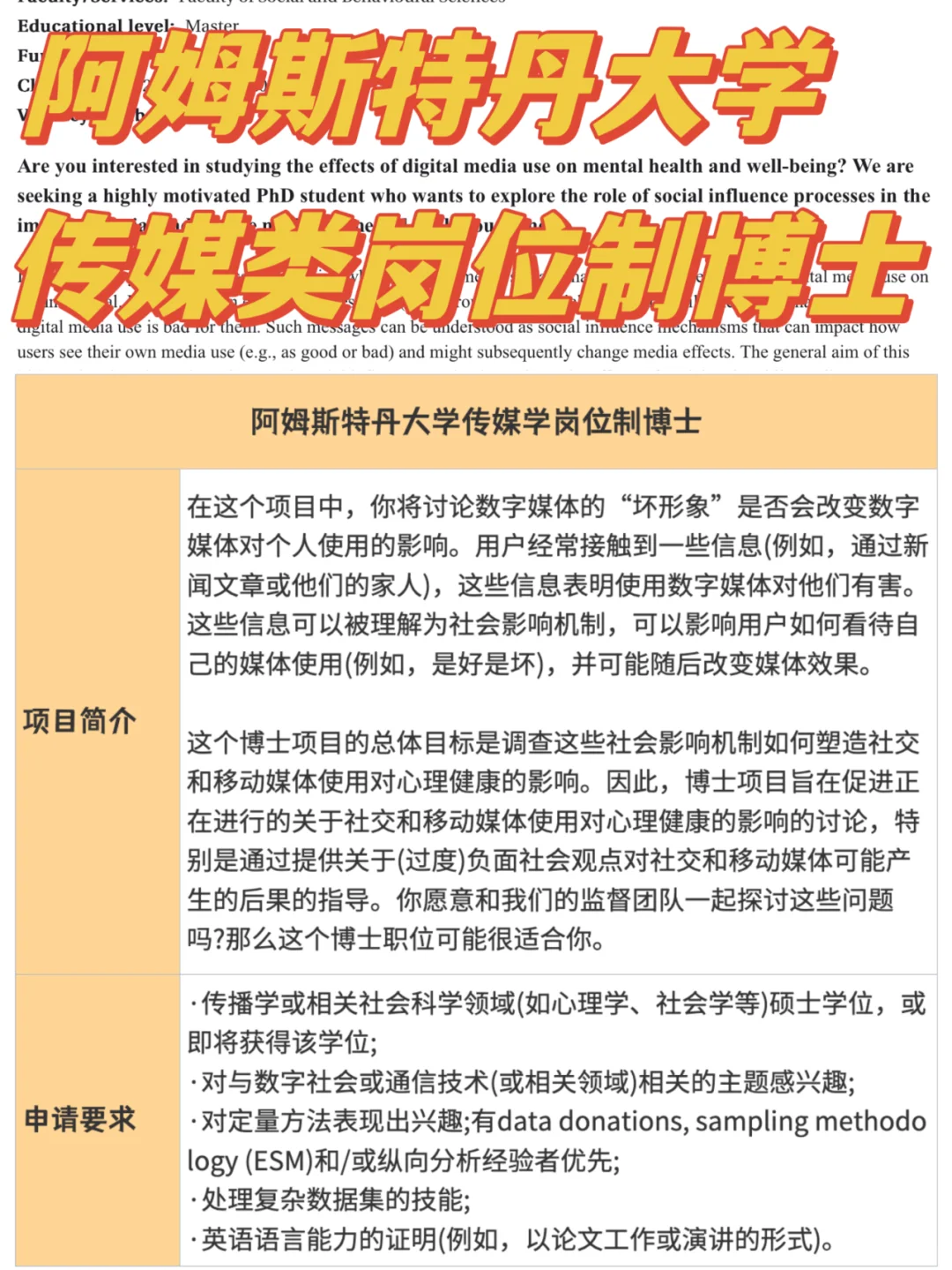 阿姆斯特丹大学丨传媒学岗位制博士